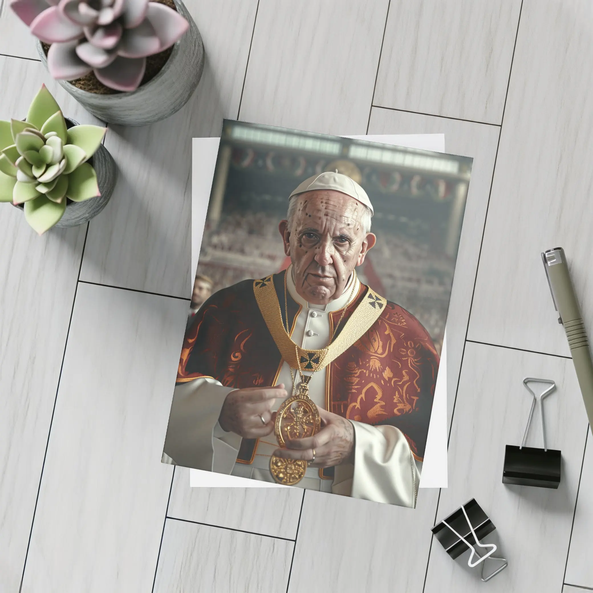 Pope Figure in Red Vestments Stadium Crowd – Postcards