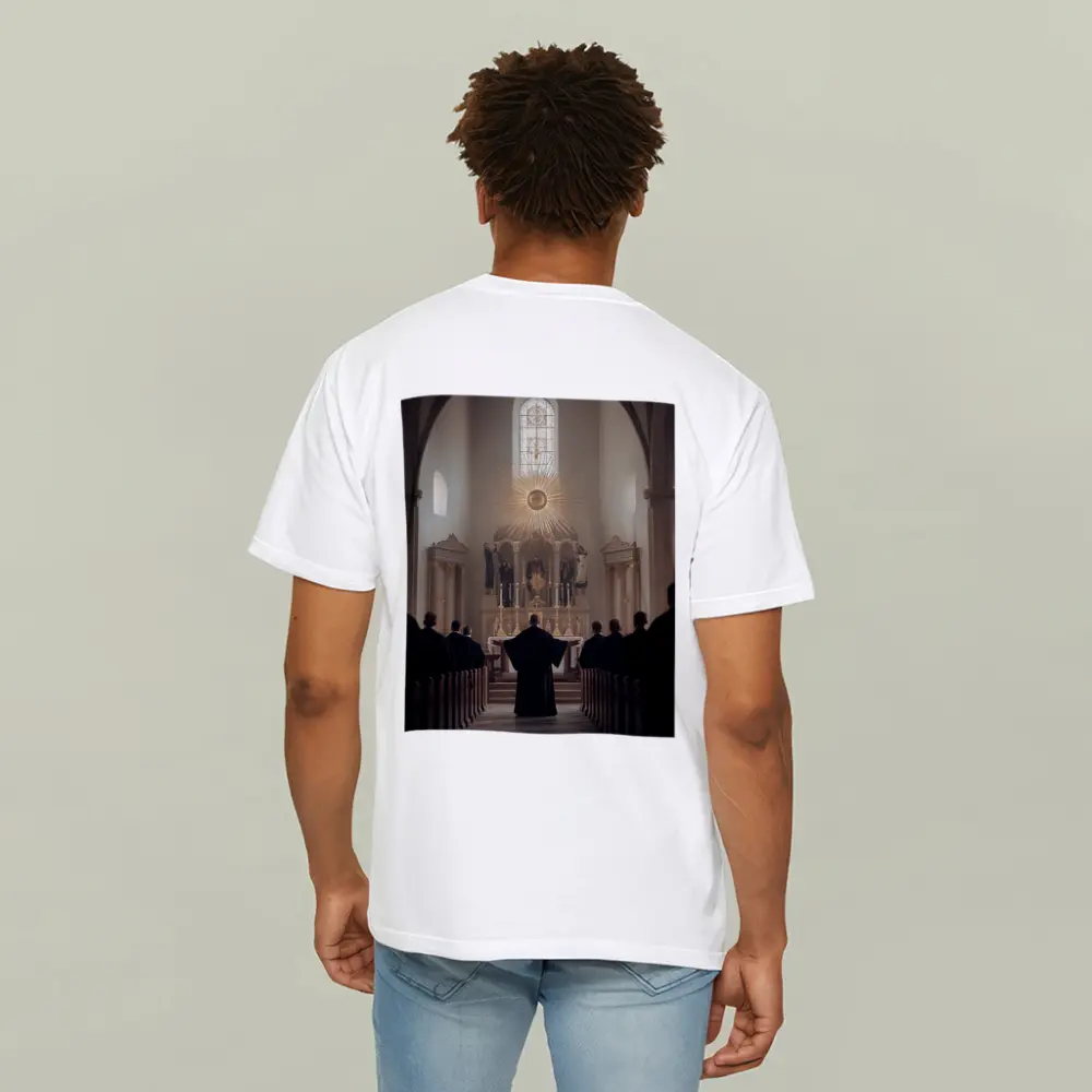 Catholic Mass Altar Golden Light Church Interior – T-Shirts
