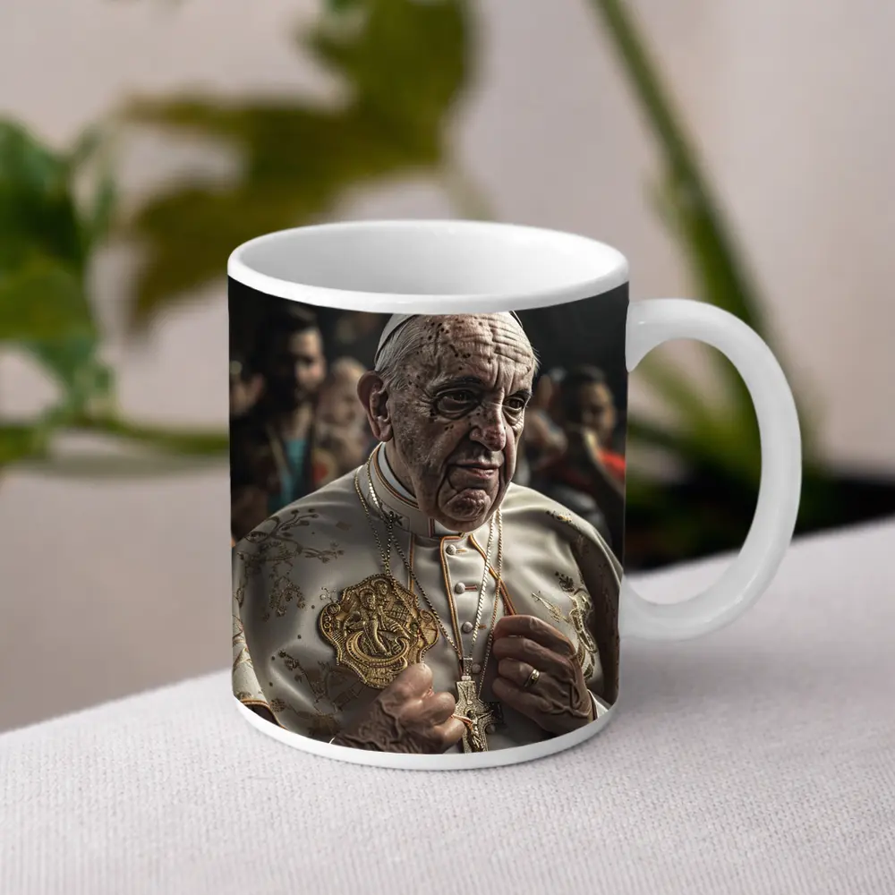 Pope in White Robes Crowd Background – Mugs