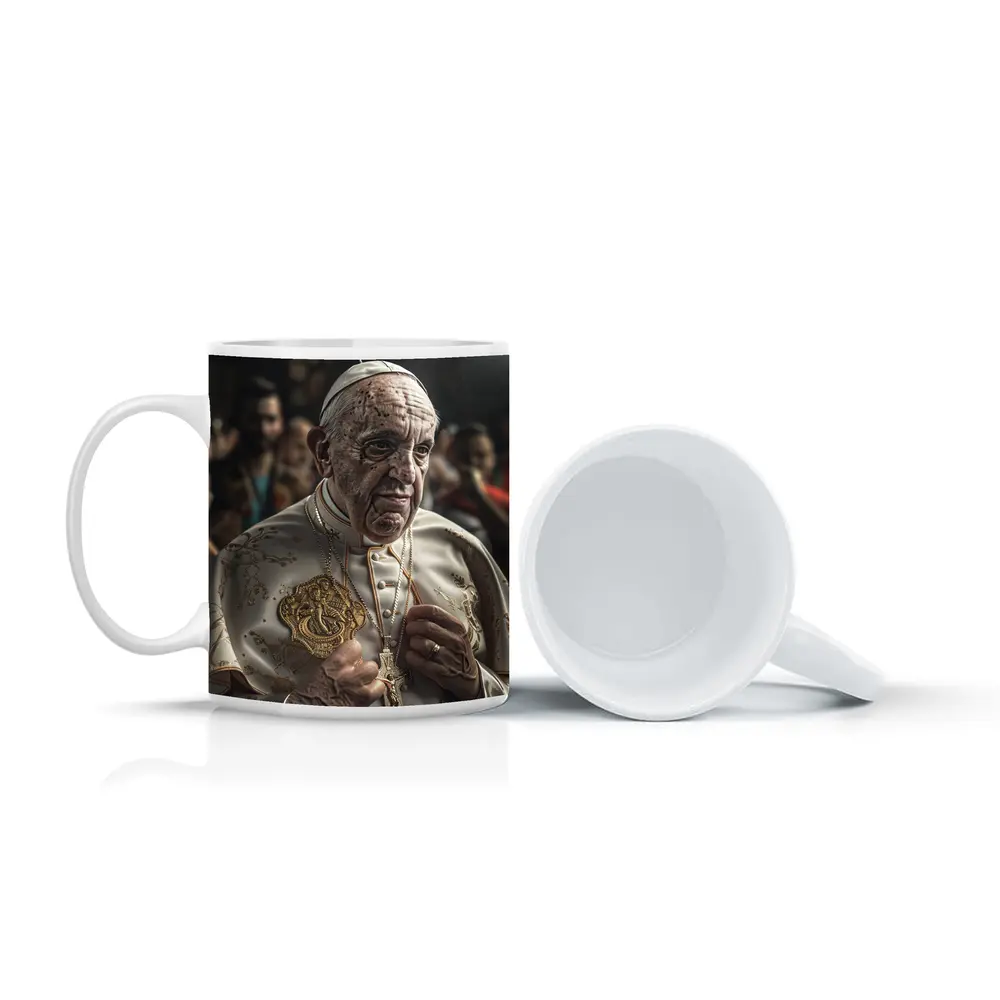 Pope in White Robes Crowd Background – Mugs