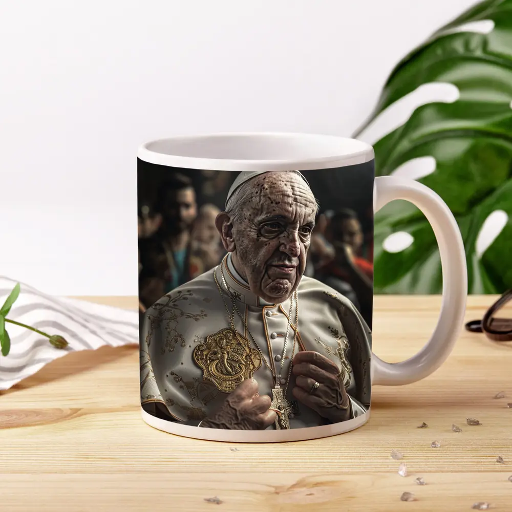 Pope in White Robes Crowd Background – Mugs