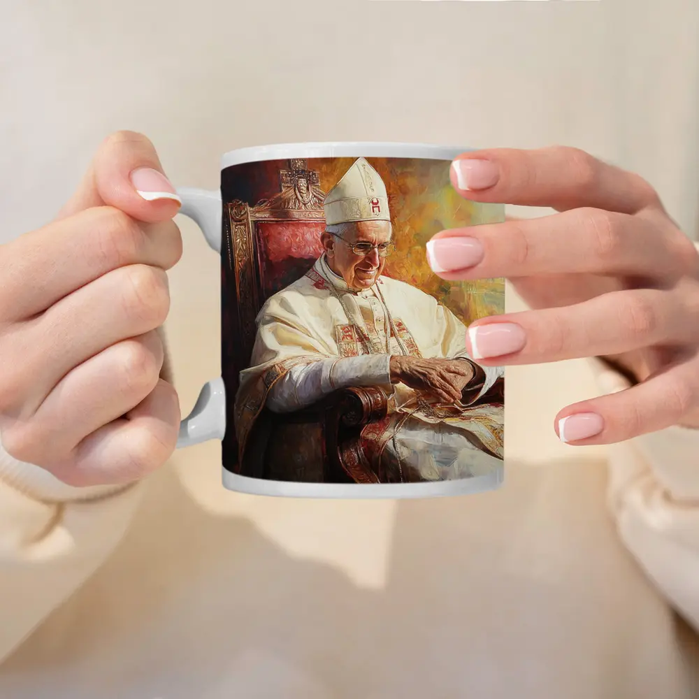 Pope Oil Painting Warm Golden Cathedral Background – Mugs