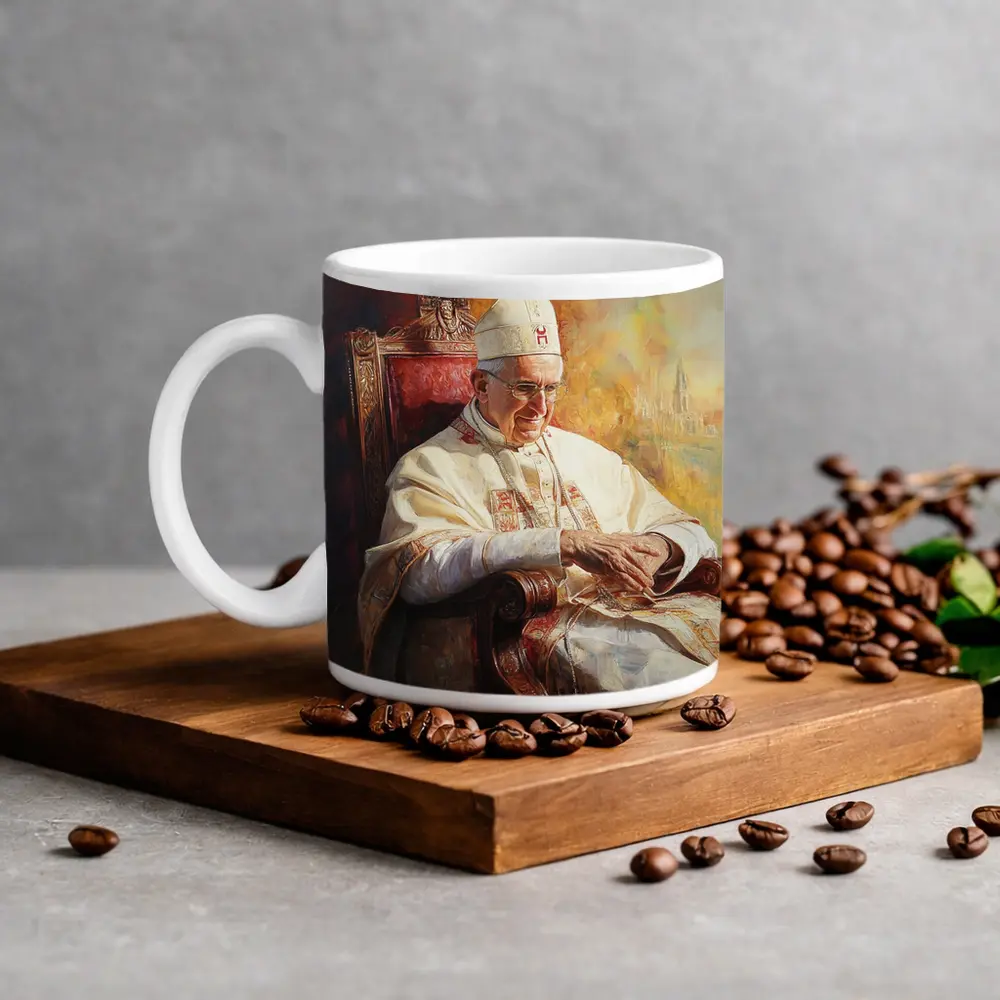 Pope Oil Painting Warm Golden Cathedral Background – Mugs