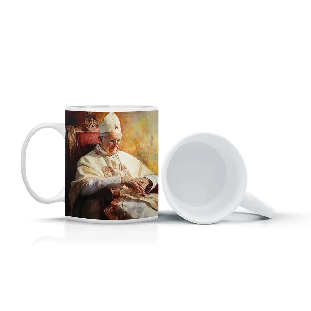 Pope Oil Painting Warm Golden Cathedral Background – Mugs
