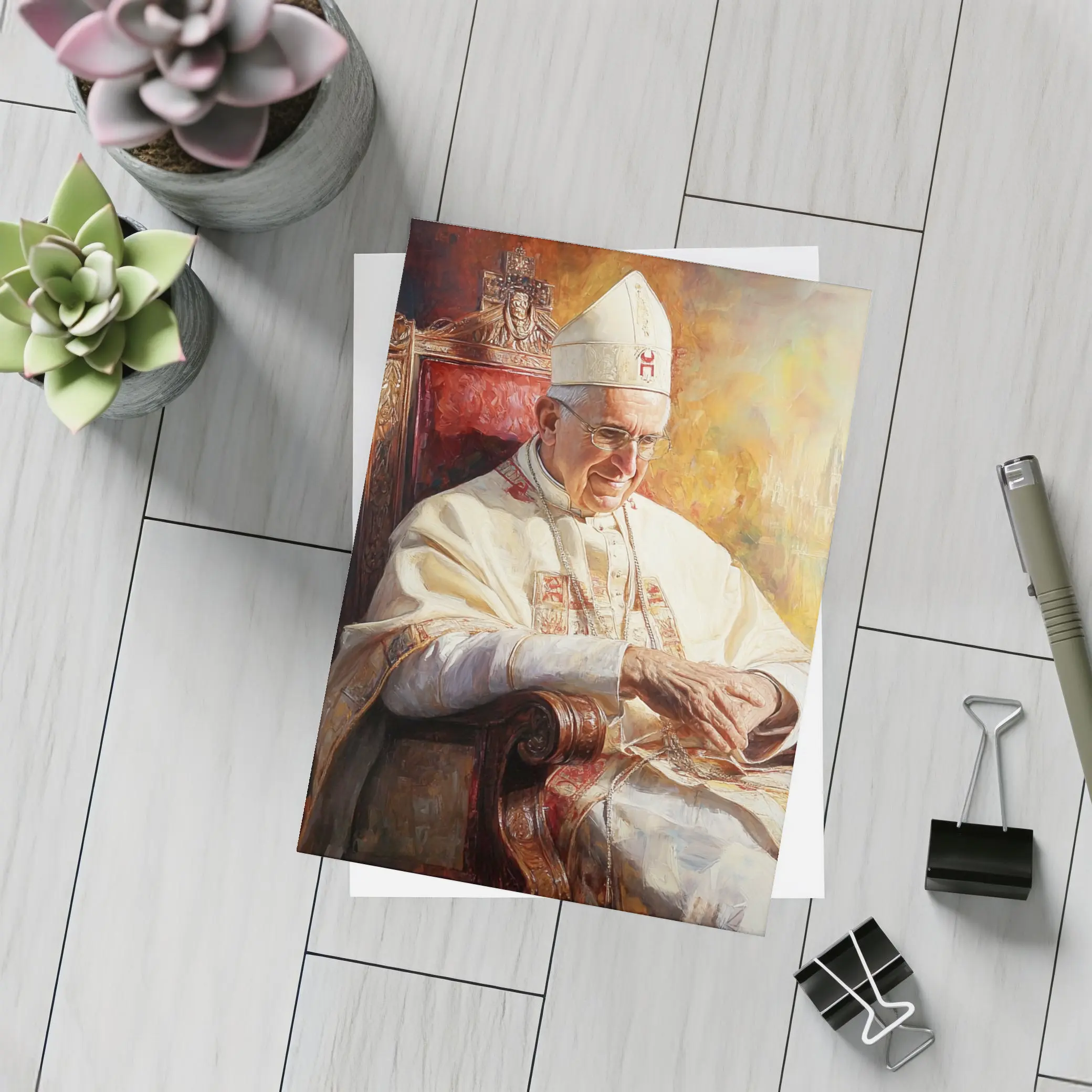 Pope Oil Painting Warm Golden Cathedral Background – Postcards