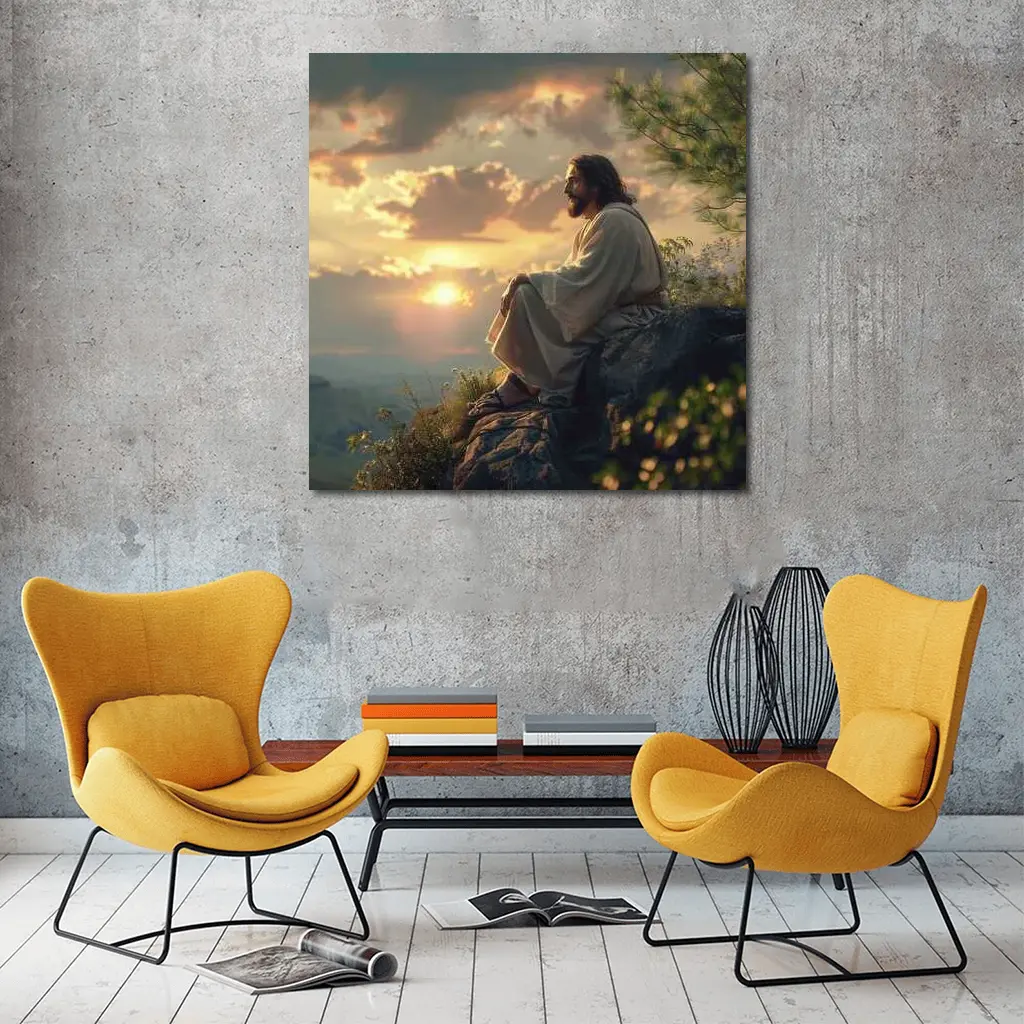Jesus Sitting on Rock at Sunset – Wall Art