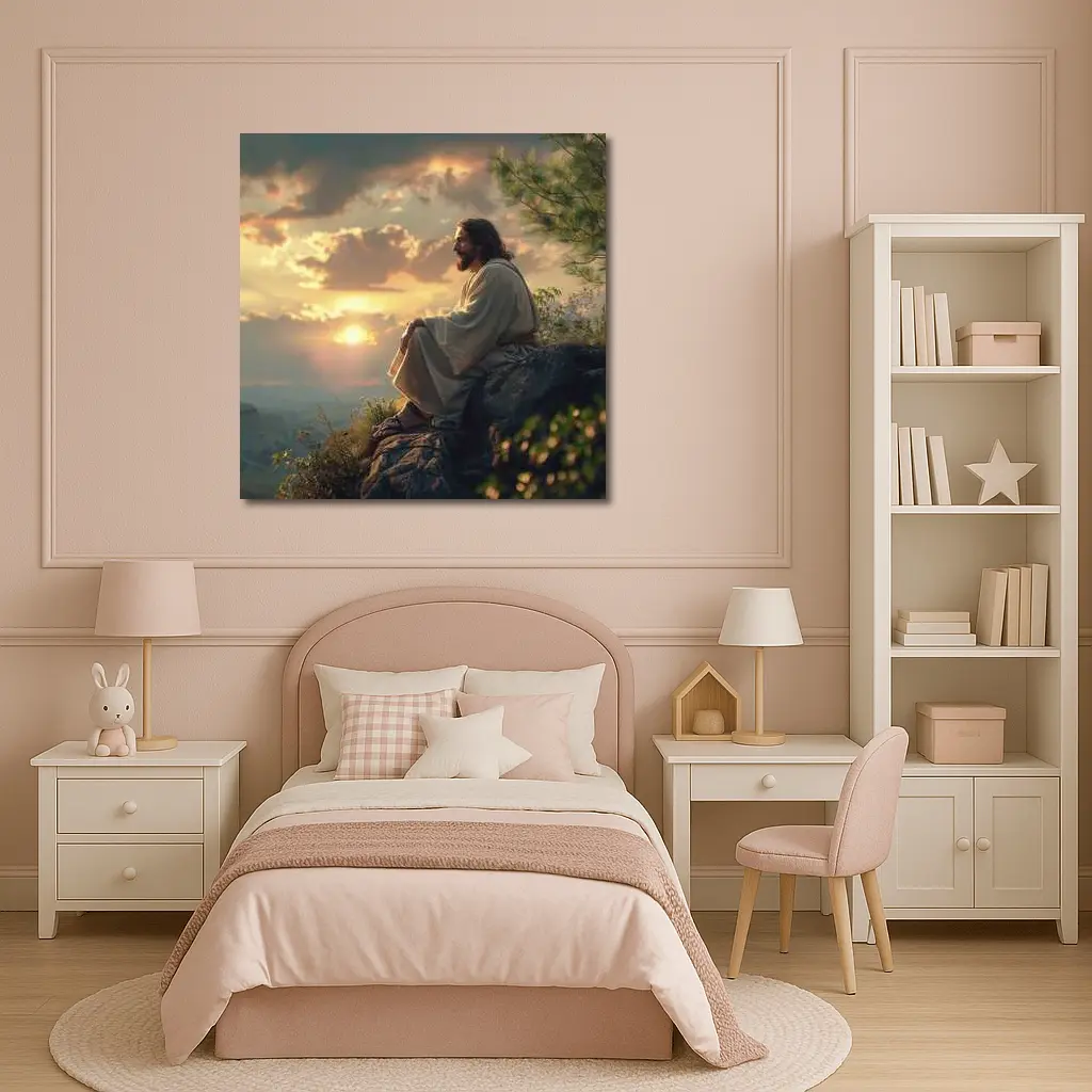 Jesus Sitting on Rock at Sunset – Wall Art