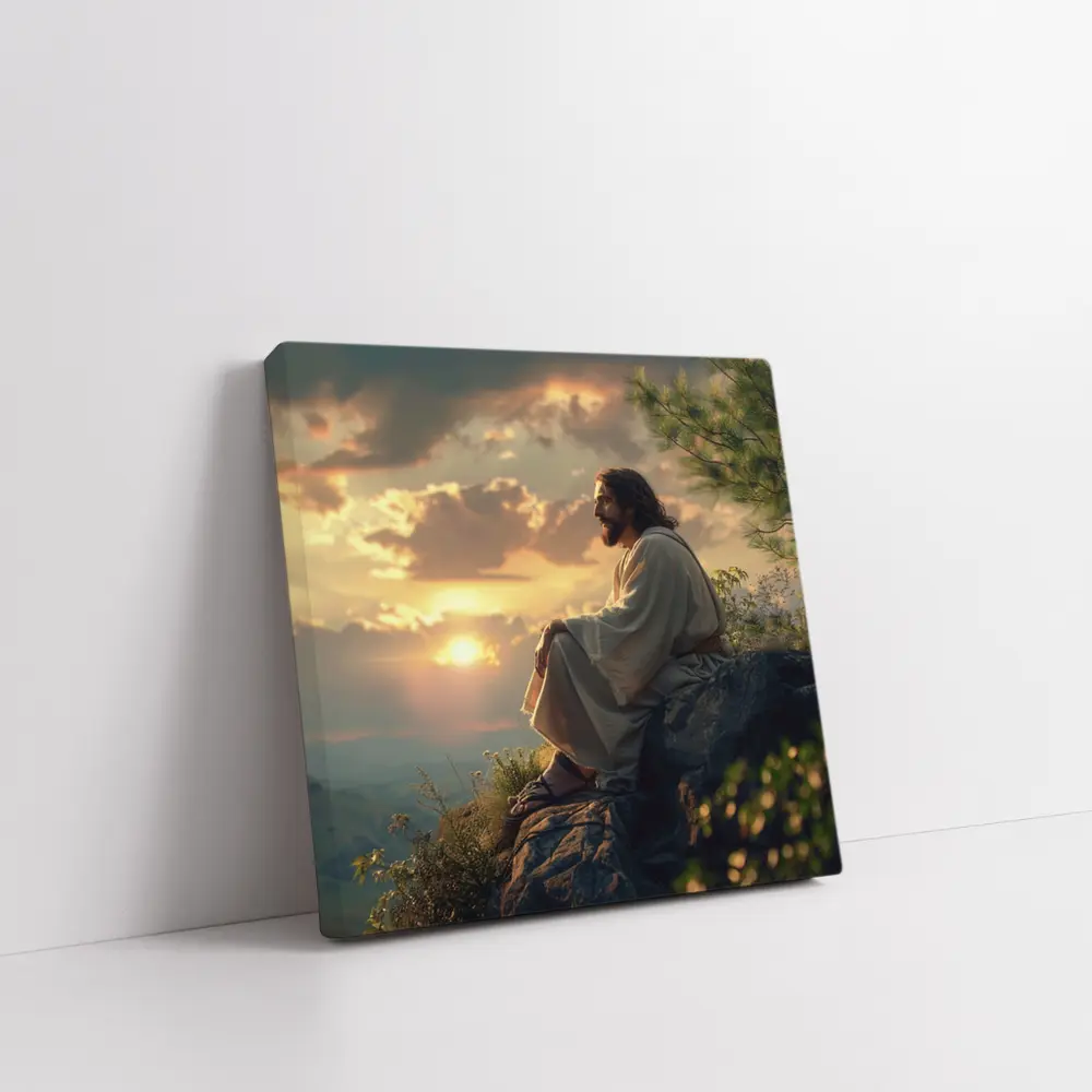 Jesus Sitting on Rock at Sunset – Wall Art