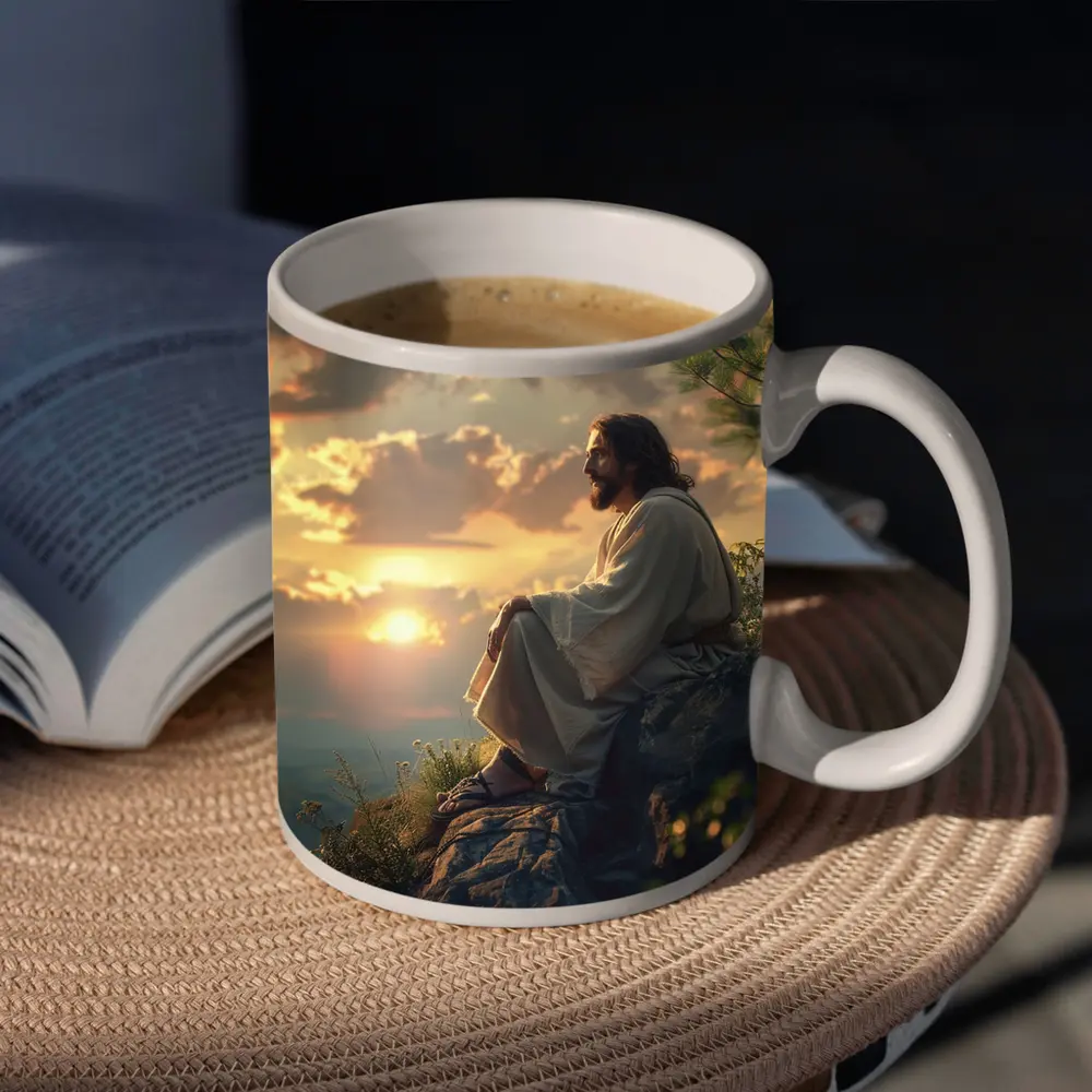 Jesus Sitting on Rock at Sunset – Mugs