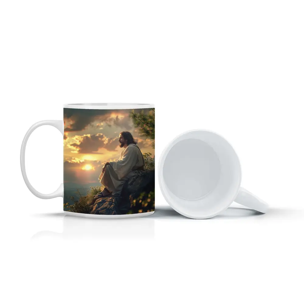 Jesus Sitting on Rock at Sunset – Mugs