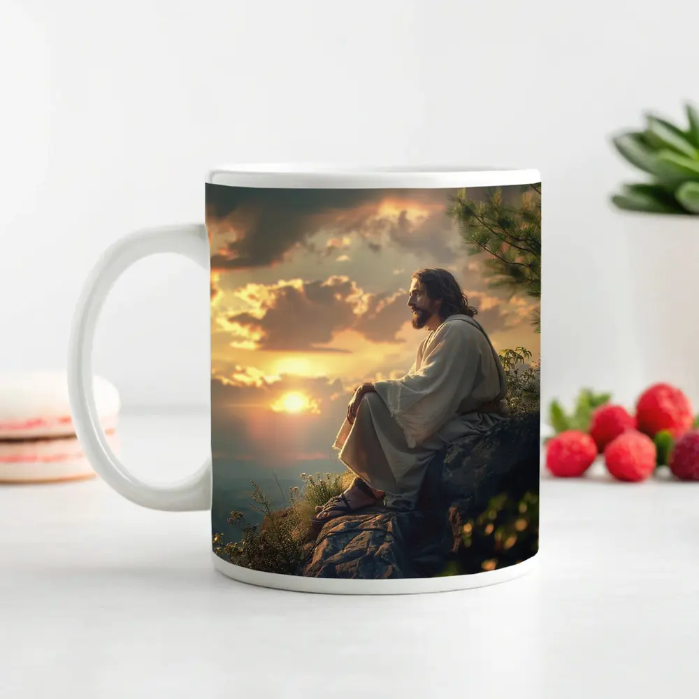 Jesus Sitting on Rock at Sunset – Mugs