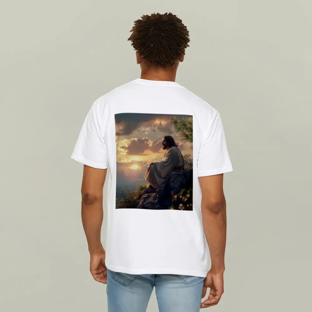 Jesus Sitting on Rock at Sunset – T-Shirts