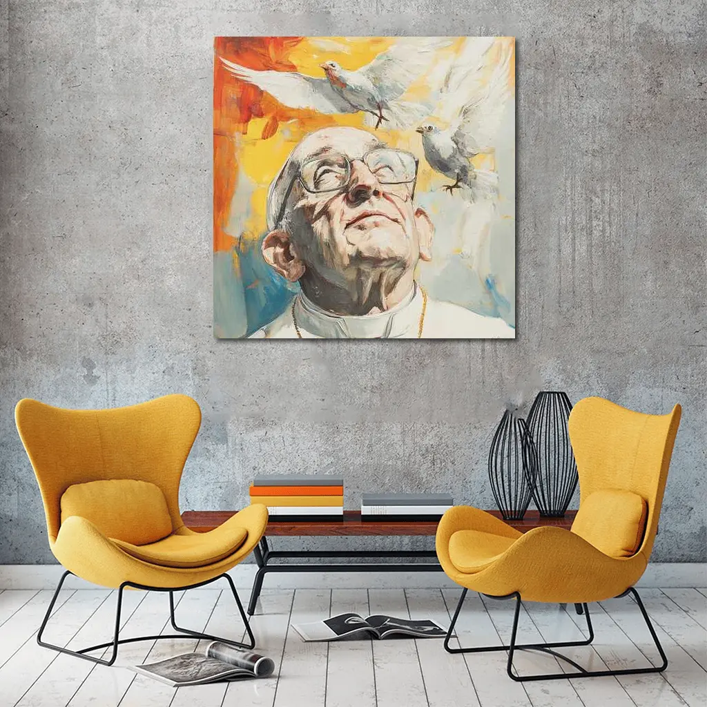 Pope Francis Oil Painting White Doves Sky – Wall Art