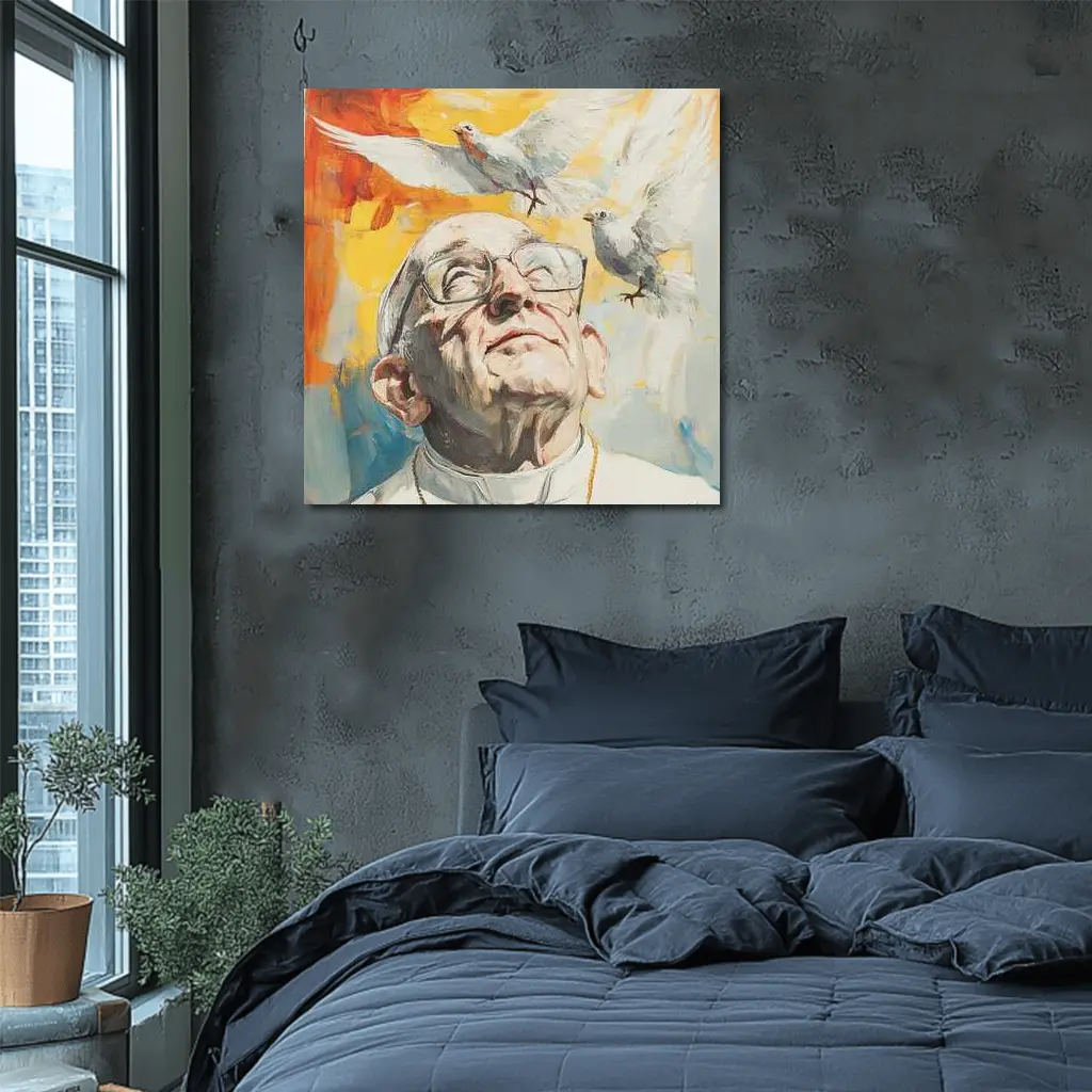 Pope Francis Oil Painting White Doves Sky – Wall Art