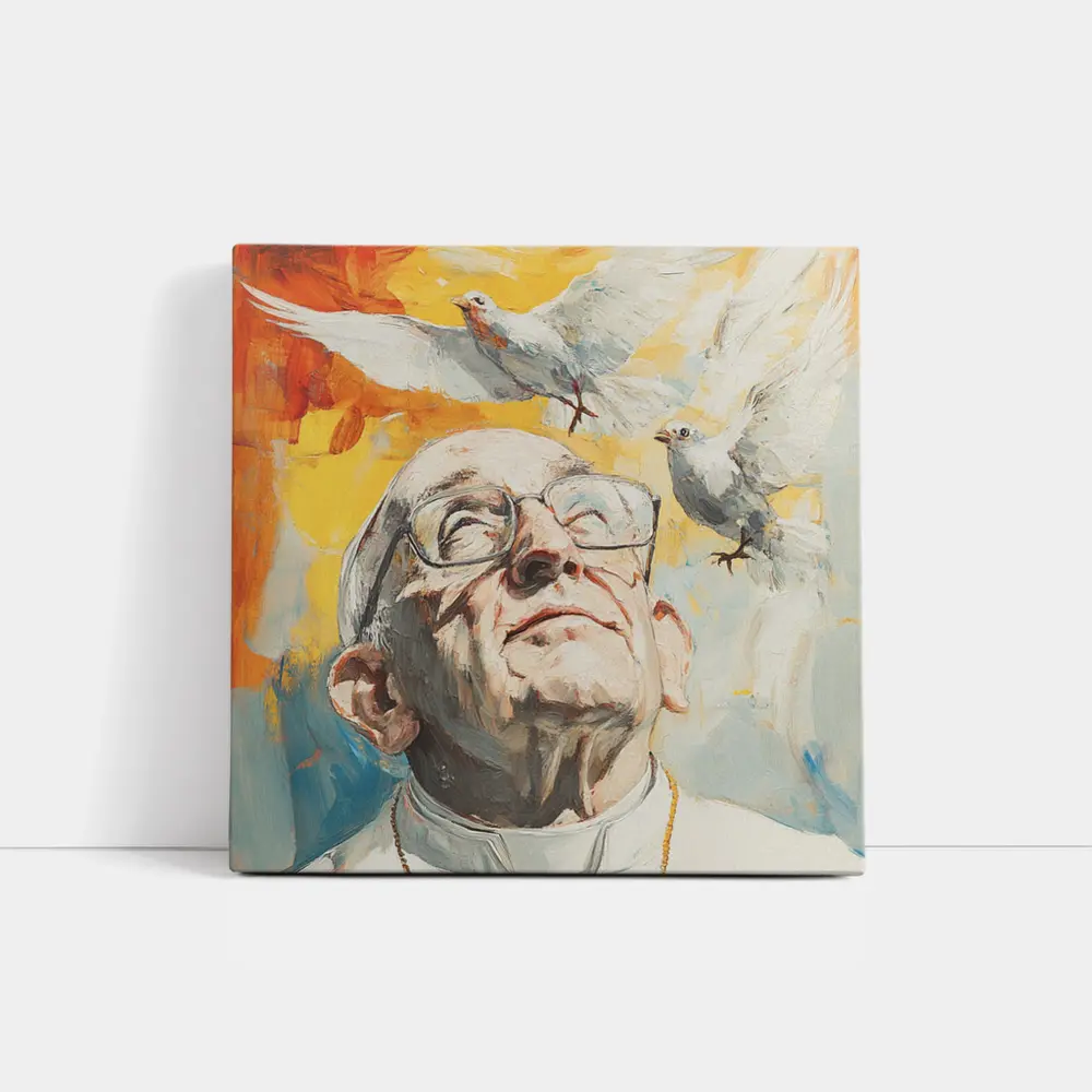 Pope Francis Oil Painting White Doves Sky – Wall Art