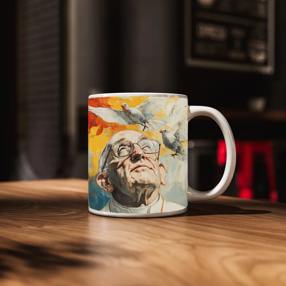 Pope Francis Oil Painting White Doves Sky – Mugs