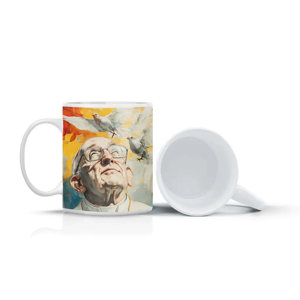 Pope Francis Oil Painting White Doves Sky – Mugs