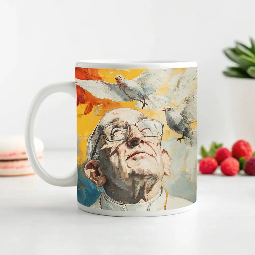 Pope Francis Oil Painting White Doves Sky – Mugs
