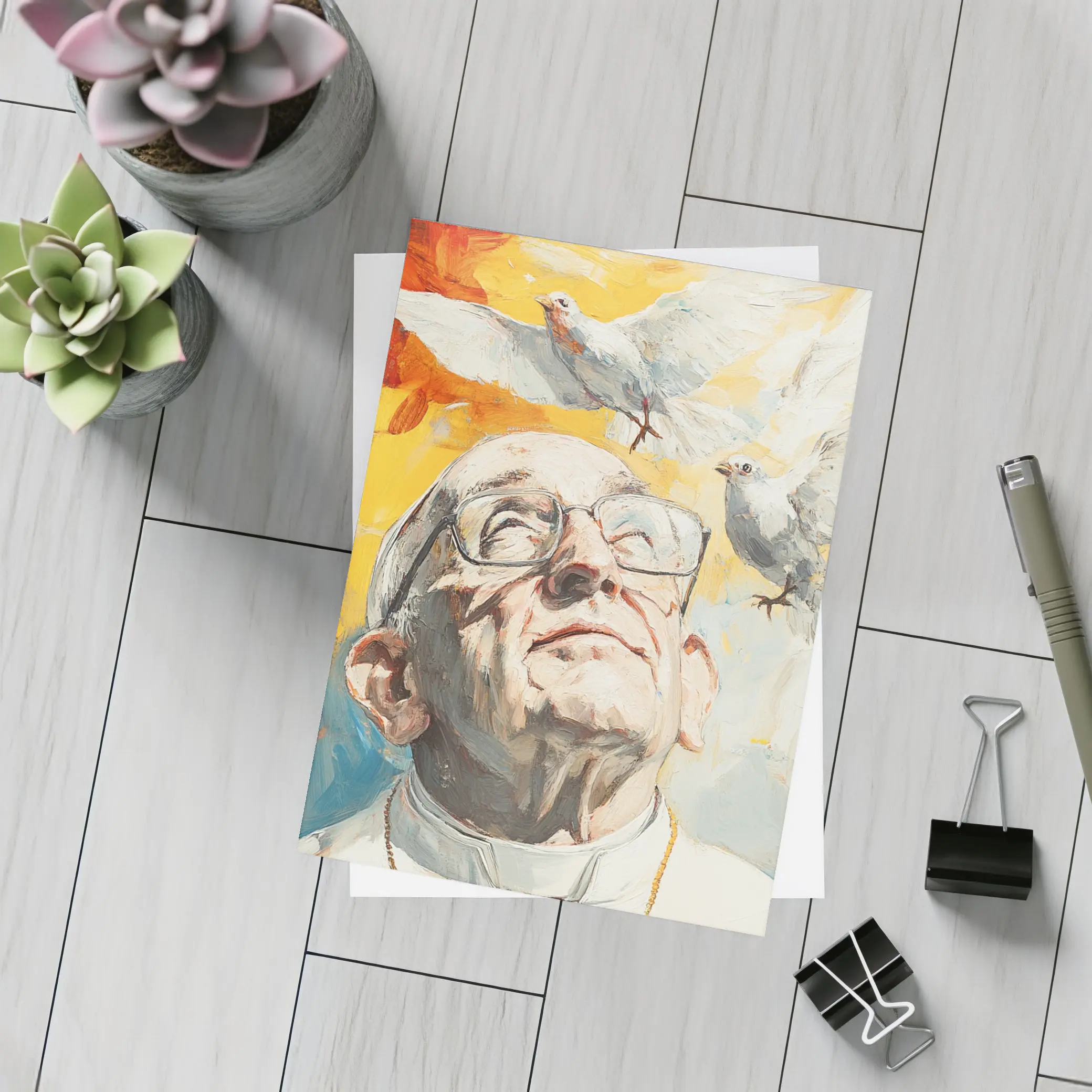 Pope Francis Oil Painting White Doves Sky – Postcards
