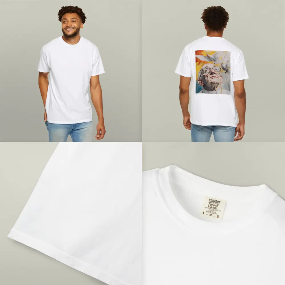 Pope Francis Oil Painting White Doves Sky – T-Shirts