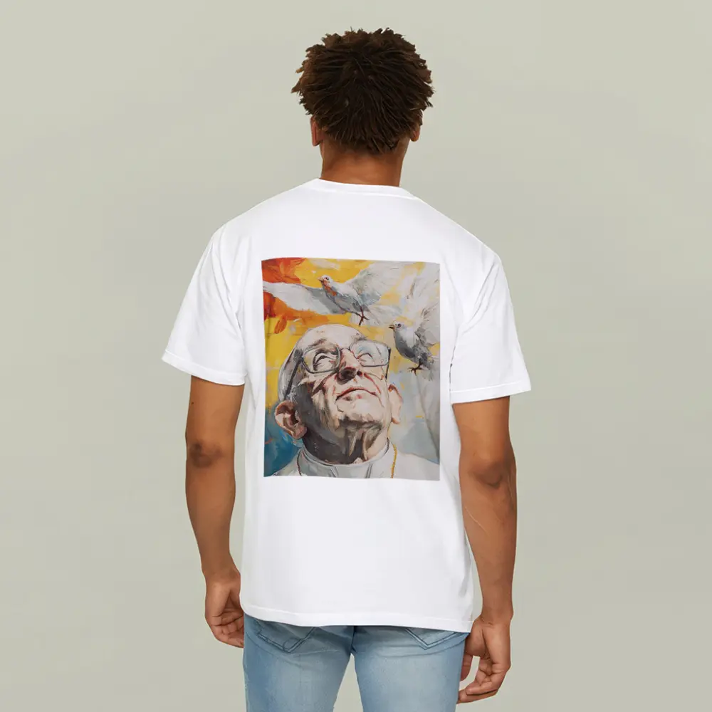 Pope Francis Oil Painting White Doves Sky – T-Shirts