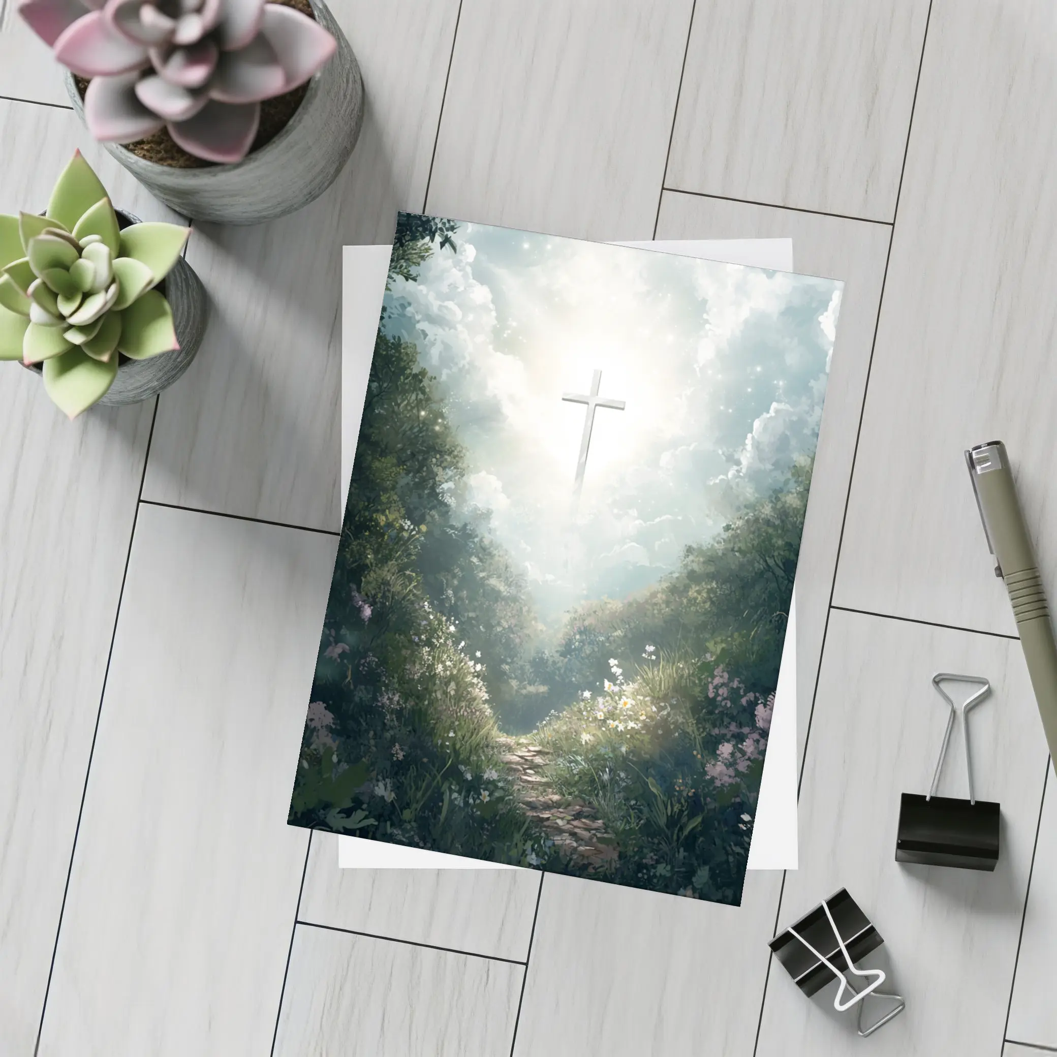 Christian Cross Glowing Forest Path Art – Postcards