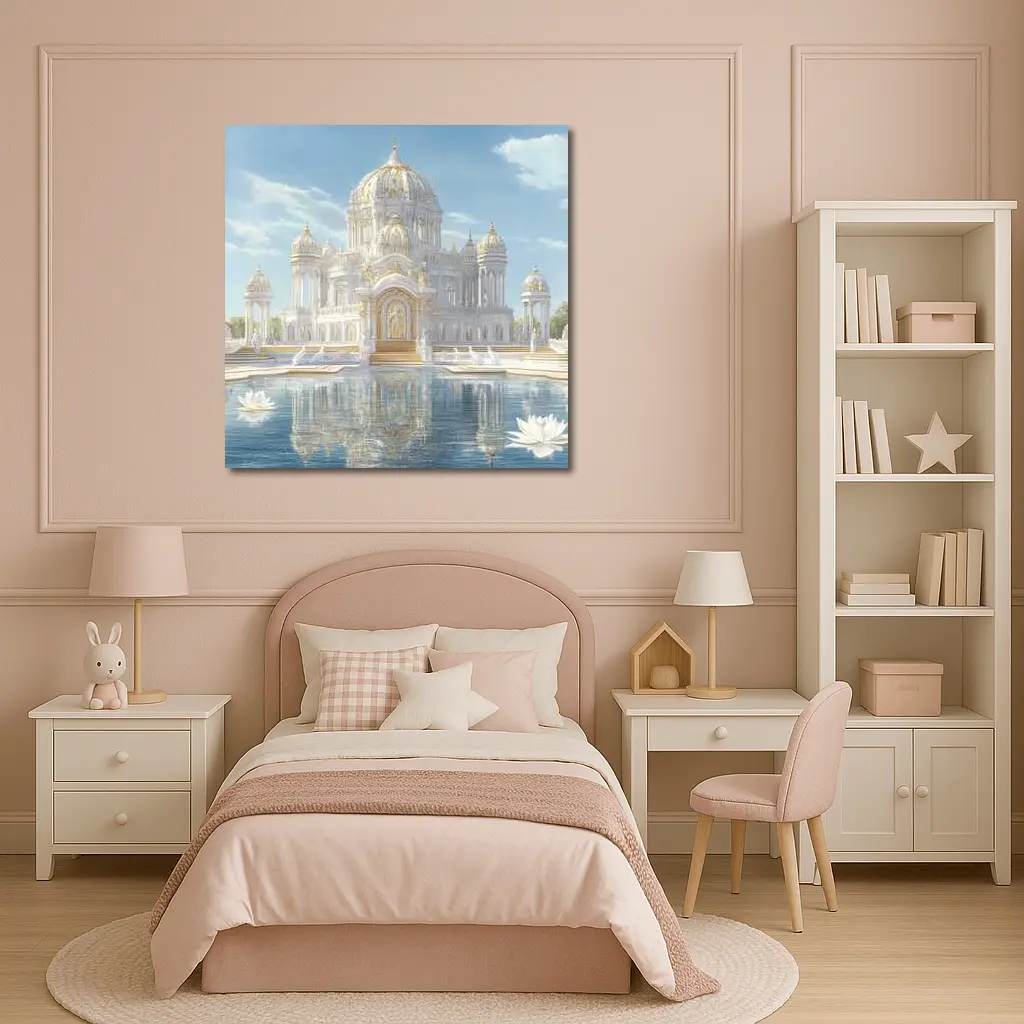 White Gold Temple Lotus Pond Reflection – Wall Art