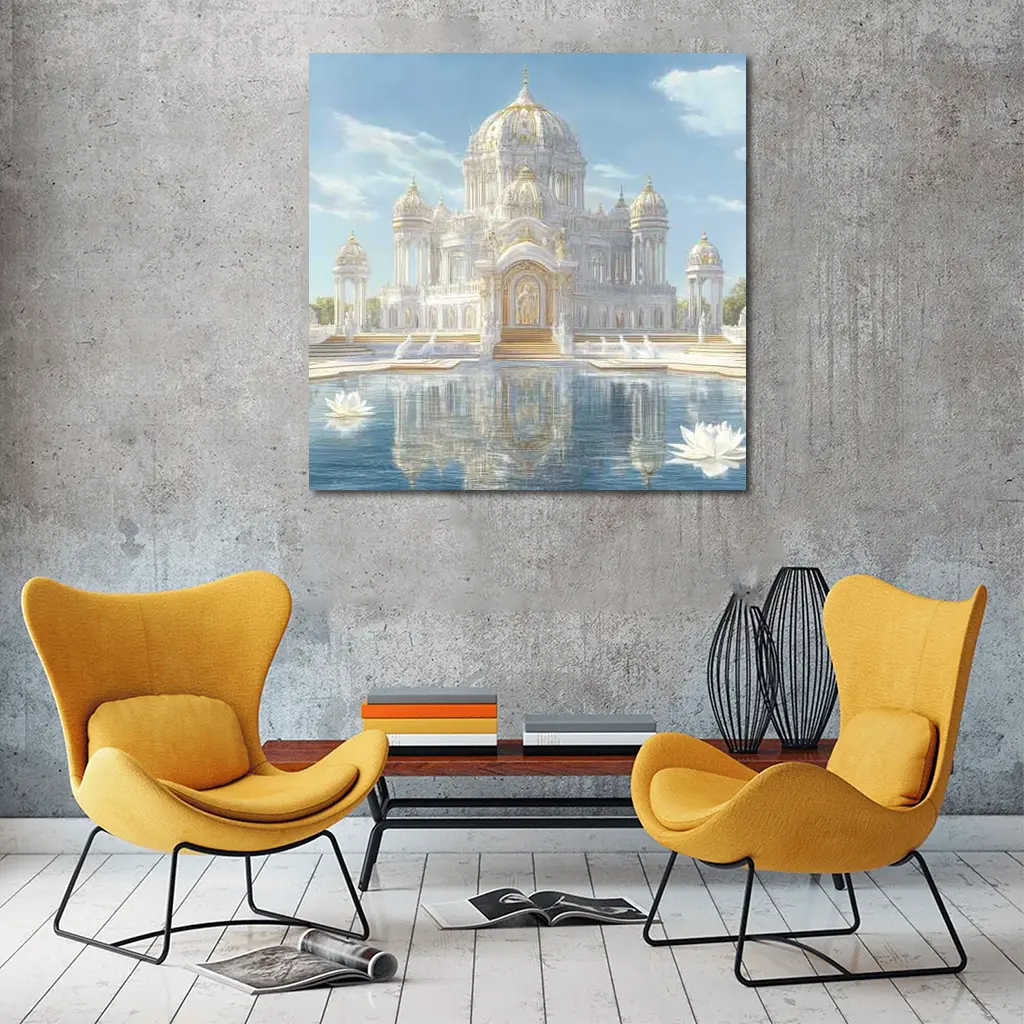 White Gold Temple Lotus Pond Reflection – Wall Art