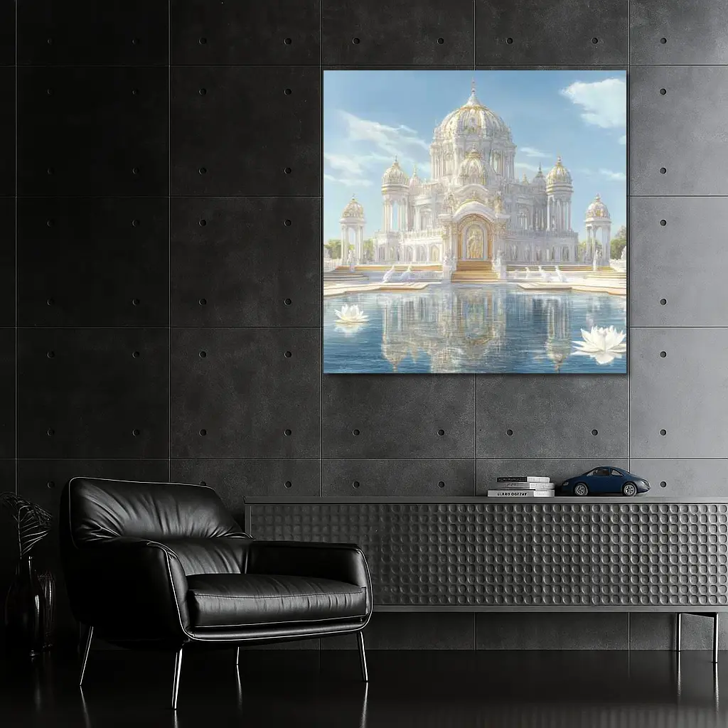 White Gold Temple Lotus Pond Reflection – Wall Art