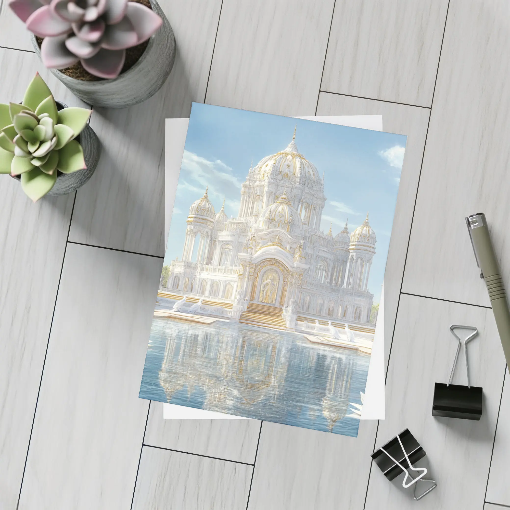 White Gold Temple Lotus Pond Reflection – Postcards