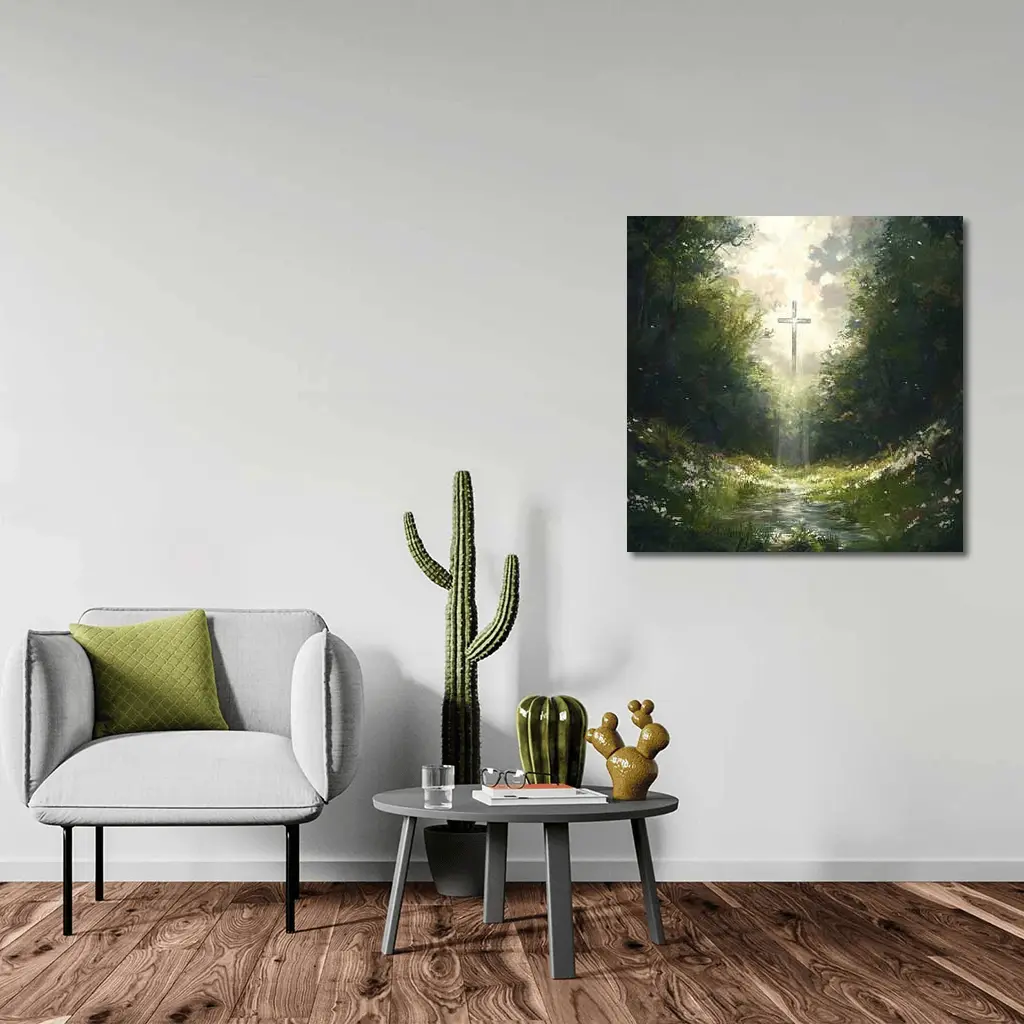 Christian Cross Glowing Forest Path Painting – Wall Art