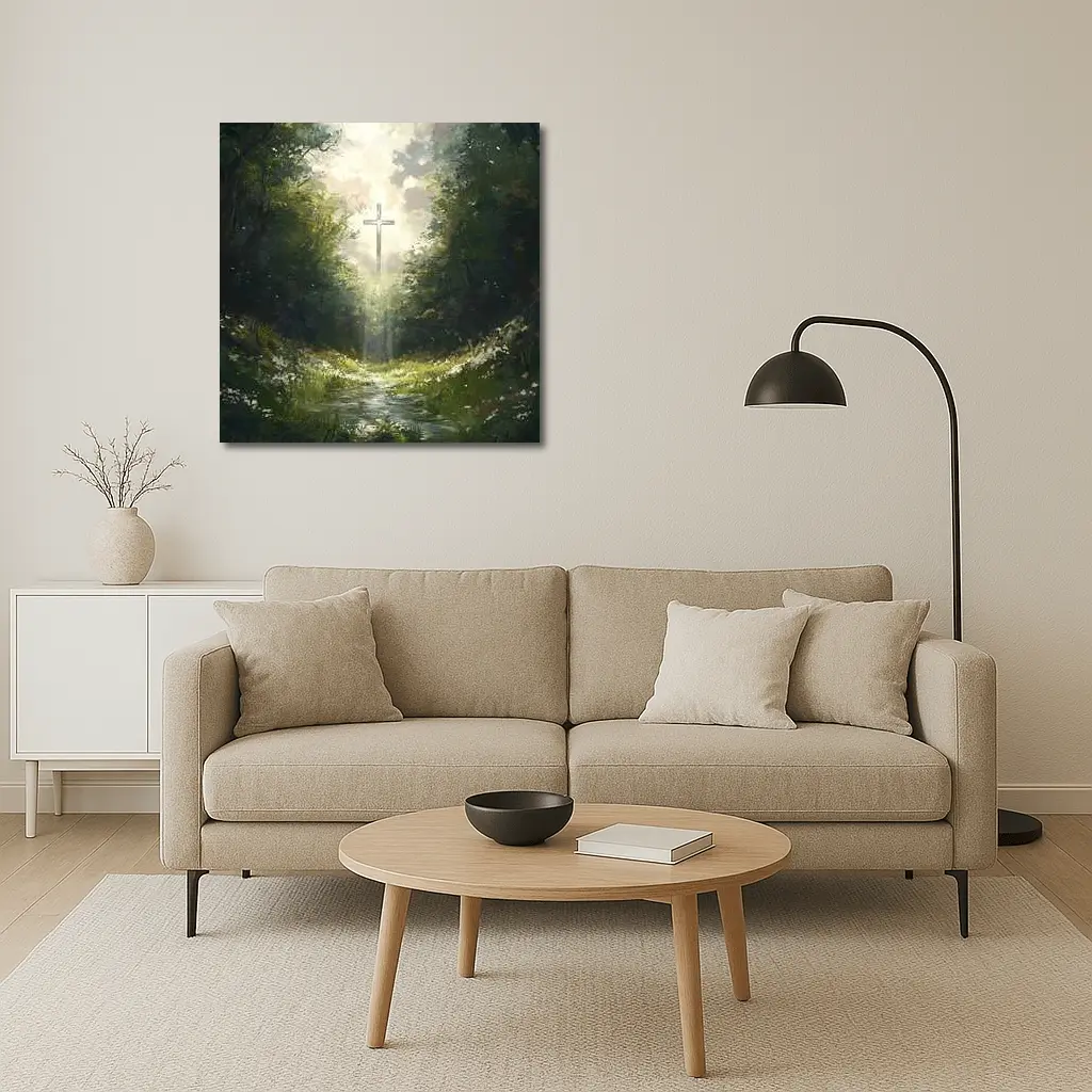 Christian Cross Glowing Forest Path Painting – Wall Art