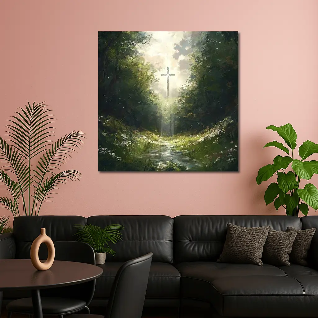 Christian Cross Glowing Forest Path Painting – Wall Art