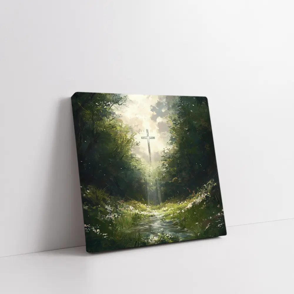 Christian Cross Glowing Forest Path Painting – Wall Art