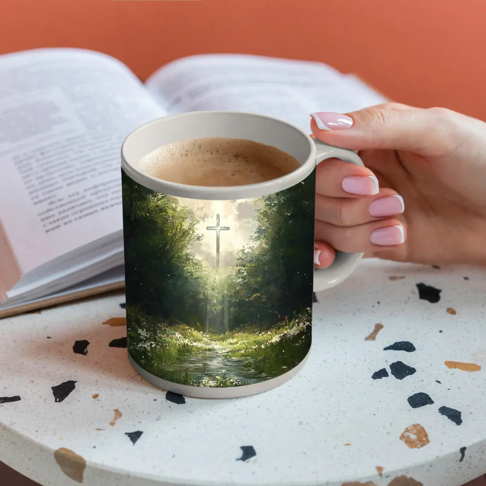 Christian Cross Glowing Forest Path Painting – Mugs