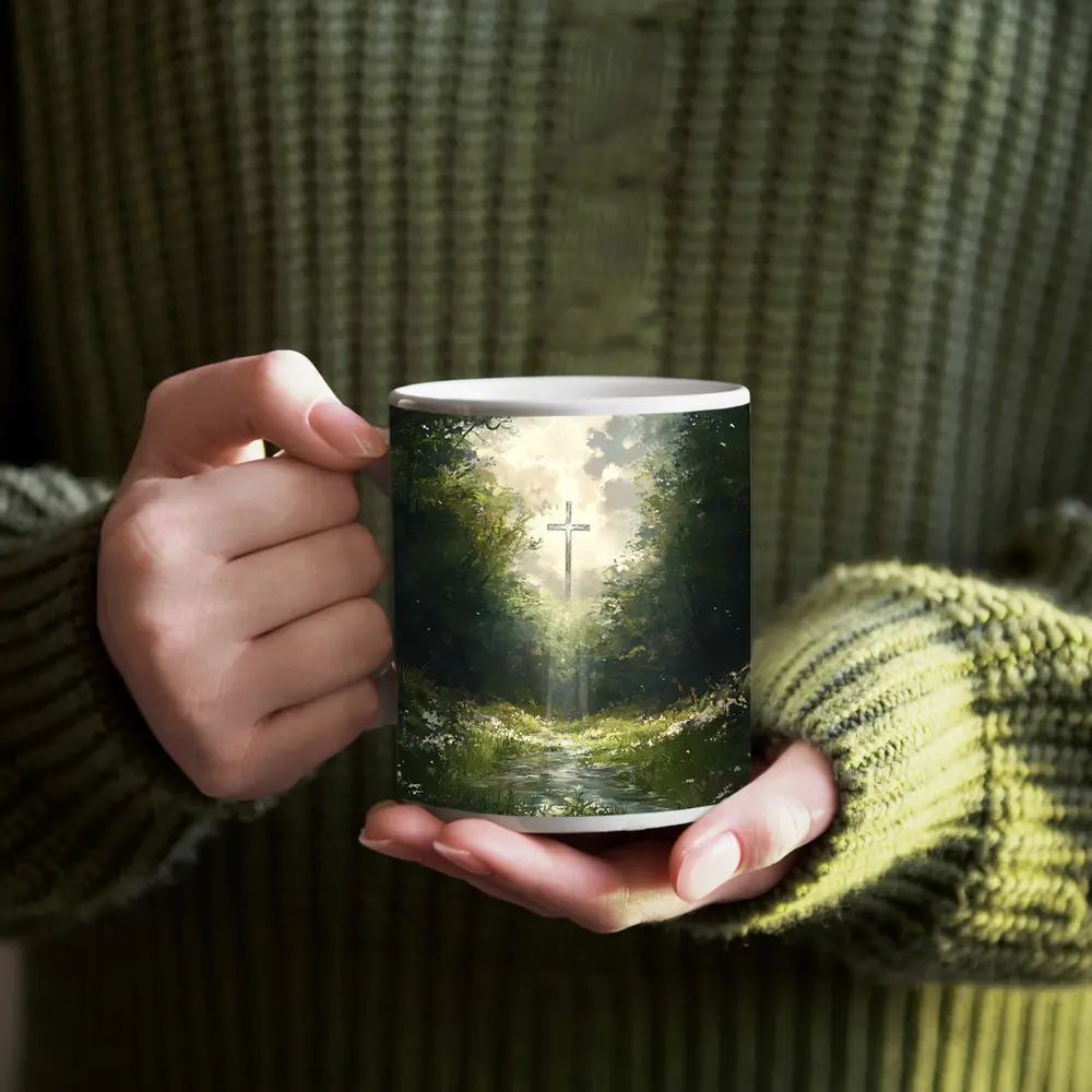 Christian Cross Glowing Forest Path Painting – Mugs