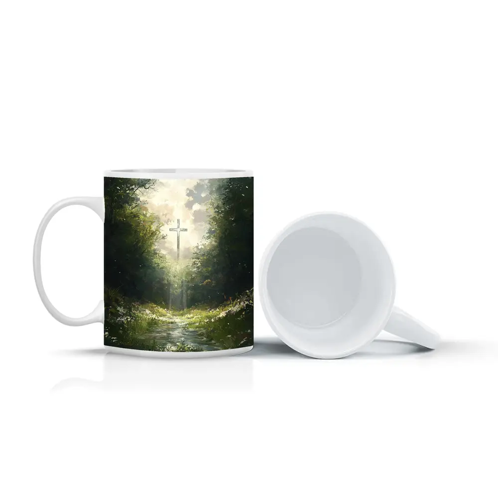 Christian Cross Glowing Forest Path Painting – Mugs