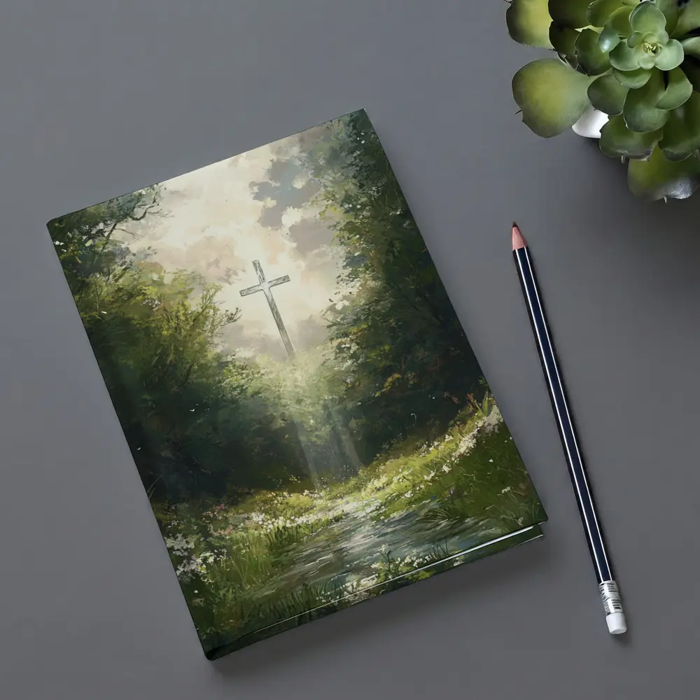 Christian Cross Glowing Forest Path Painting – Notebooks