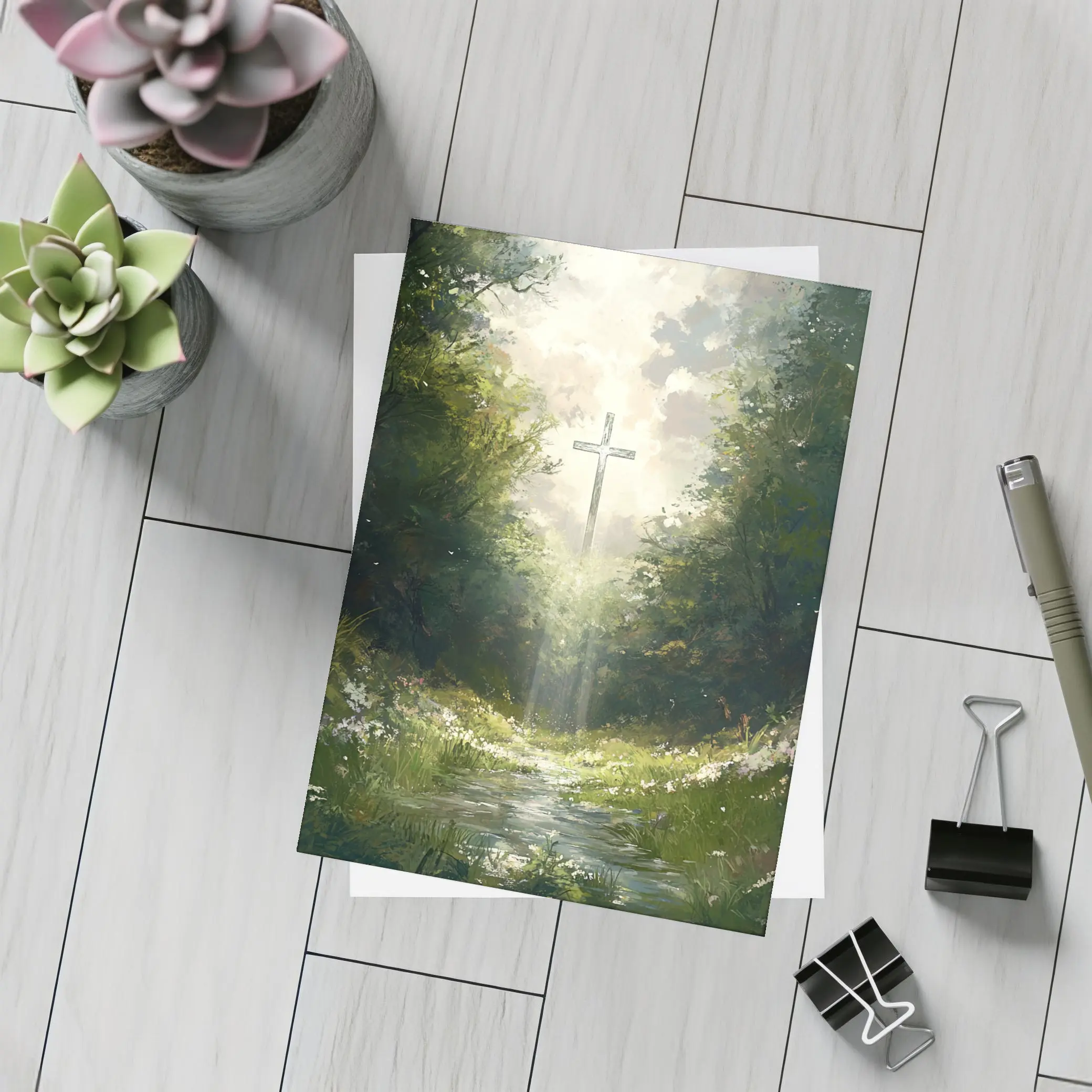Christian Cross Glowing Forest Path Painting – Postcards