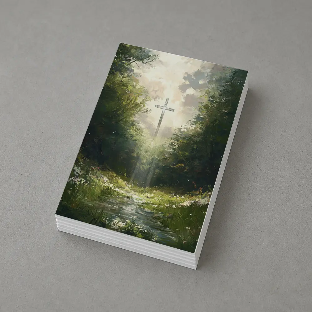 Christian Cross Glowing Forest Path Painting – Postcards