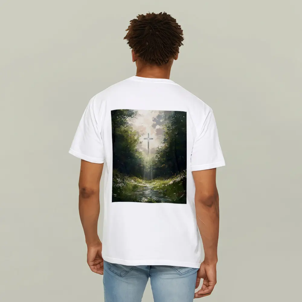 Christian Cross Glowing Forest Path Painting – T-Shirts