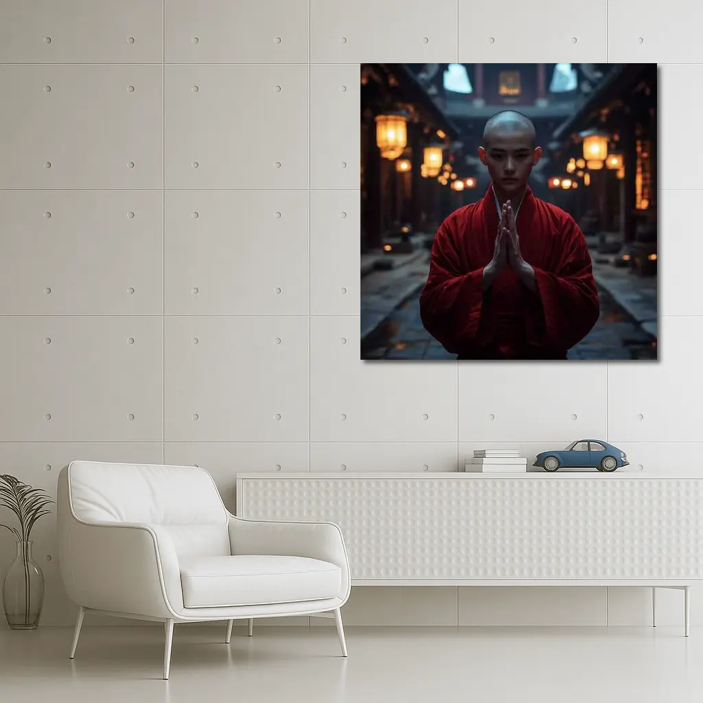 Buddhist Monk Praying in Temple Courtyard – Wall Art