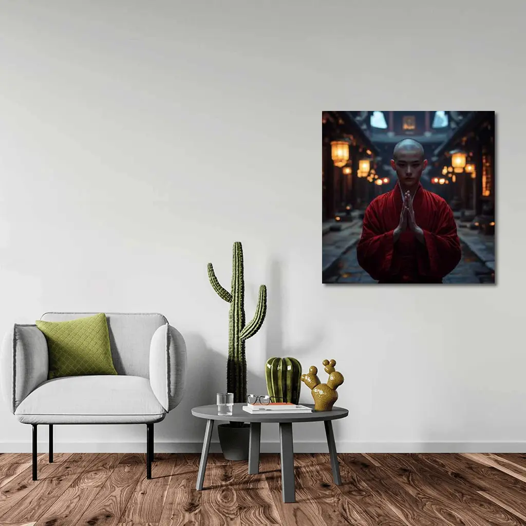 Buddhist Monk Praying in Temple Courtyard – Wall Art