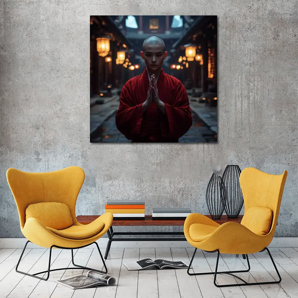Buddhist Monk Praying in Temple Courtyard – Wall Art