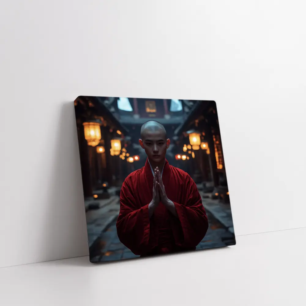 Buddhist Monk Praying in Temple Courtyard – Wall Art