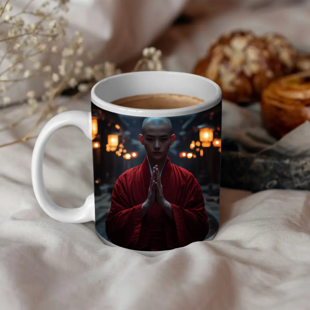 Buddhist Monk Praying in Temple Courtyard – Mugs