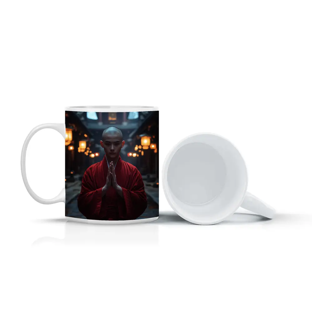 Buddhist Monk Praying in Temple Courtyard – Mugs