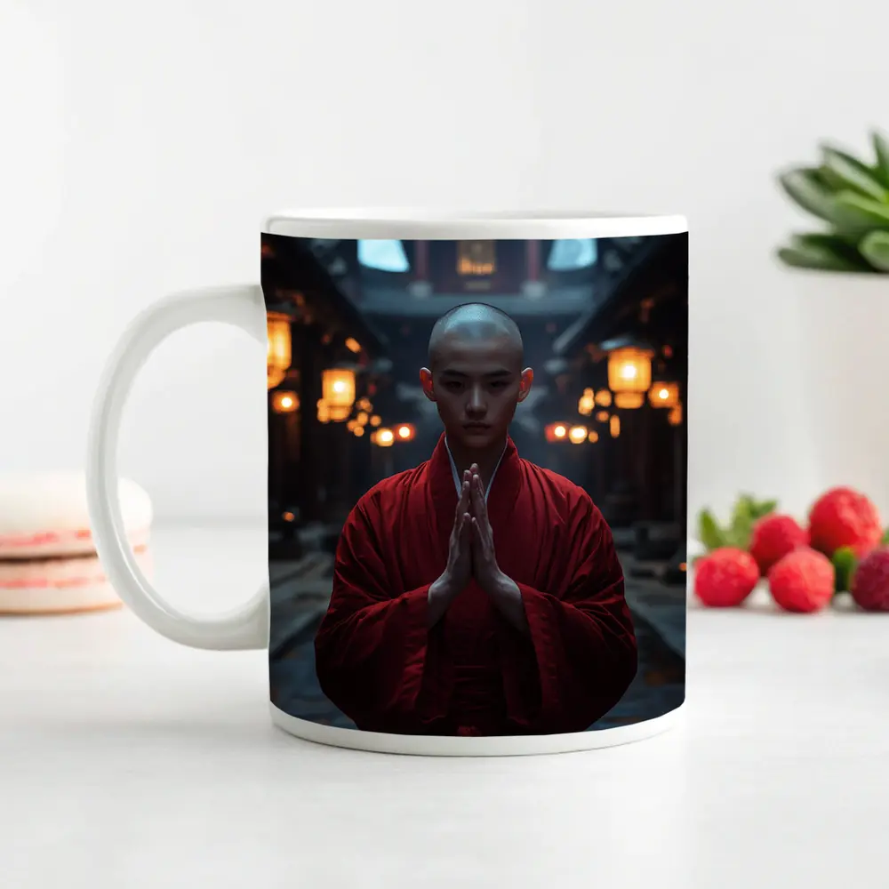 Buddhist Monk Praying in Temple Courtyard – Mugs