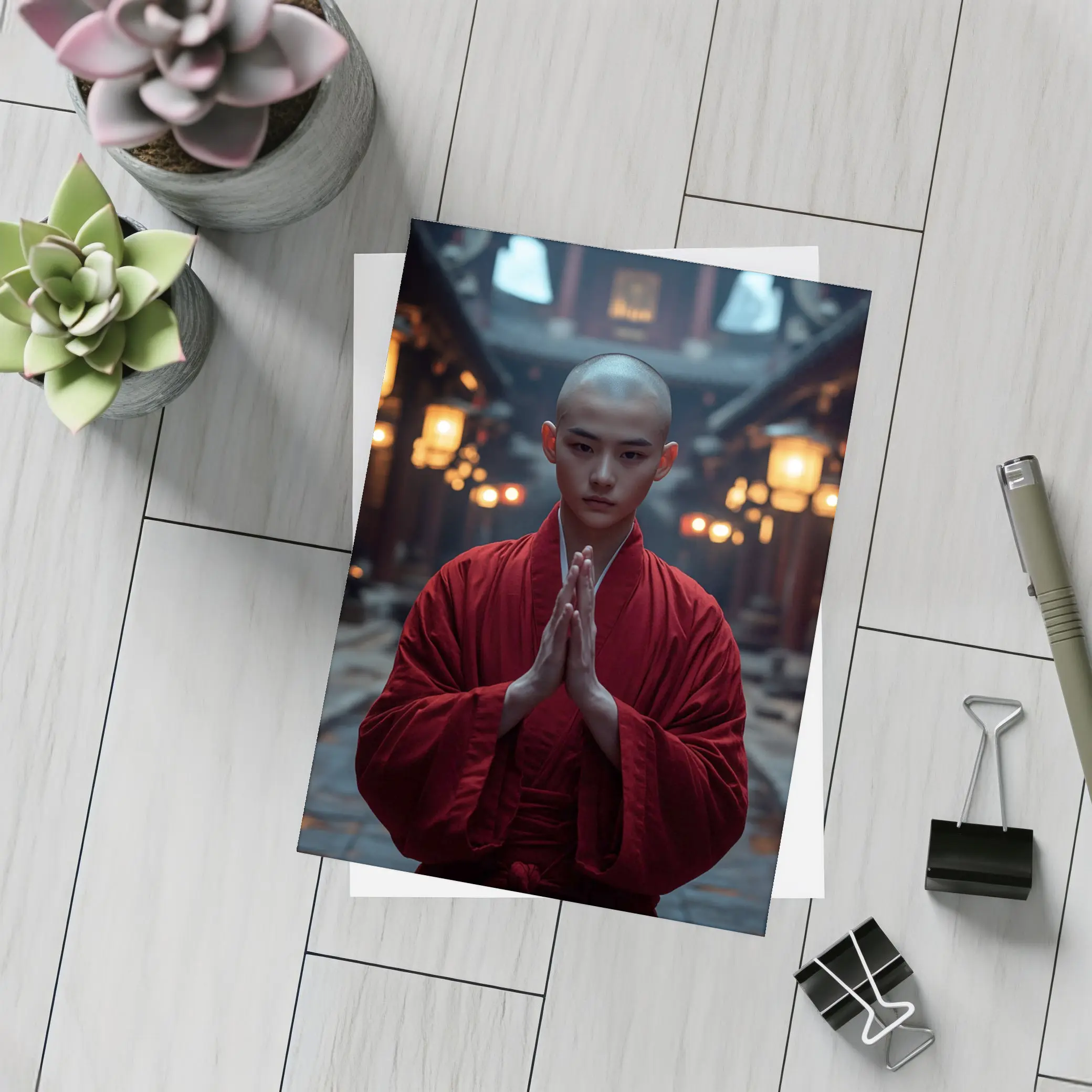Buddhist Monk Praying in Temple Courtyard – Postcards