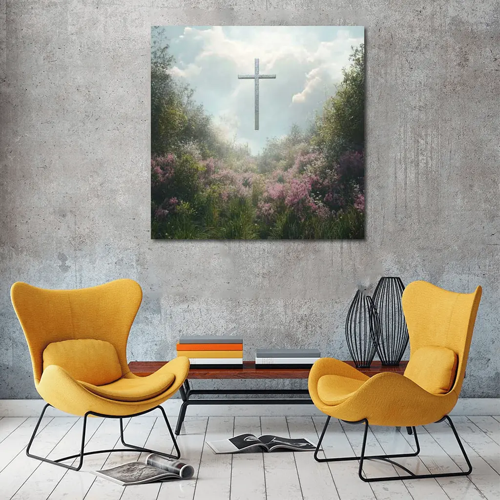 Christian Cross Floating Over Pink Wildflower Garden – Wall Art